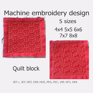 Puede incluir: Dos bloques de edredón rojos con bordado a máquina dorado. La imagen muestra ejemplos de diseños de bordado a máquina. El texto de la imagen dice "Machine embroidery design", "5 sizes", "Quilt block" y opciones de tamaño.