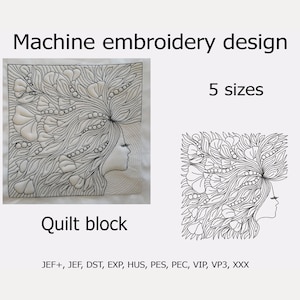 Machineborduurontwerp Bloemen en meisje Quiltblok Set Trapunto Borduurbestanden 5 maten