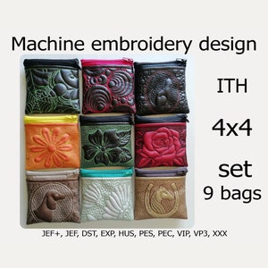 Könnte beinhalten: Ein Set mit neun 4x4 Zoll großen In-the-Hoop-Stickdateien für kleine Reißverschlusstaschen. Die Designs umfassen eine Vielzahl von Themen, wie Blumen, Tiere und geometrische Muster. Die Designs sind in verschiedenen Formaten erhältlich, darunter JEF+, JEF, DST, EXP, HUS, PES, PEC, VIP, VP3 und XXX.