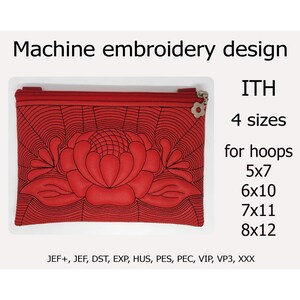 May include: Red machine embroidery design of a floral pattern on a zippered pouch. The text reads "Machine embroidery design", "ITH", "4 sizes", and "for hoops 5x7, 6x10, 7x11, 8x12". Includes JEF+, JEF, DST, EXP, HUS, PES, PEC, VIP, VP3, XXX formats.