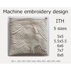 May include: A beige zippered pouch with a machine embroidery design of a stylized face with swirling lines. The design is labeled "ITH" and includes five sizes: 5x5, 5.5x5.5, 6x6, 7x7, and 8x8. The embroidery file formats are listed below: JEF+, JEF, DST, EXP, HUS, PES, PEC, VIP, VP3, XXX.