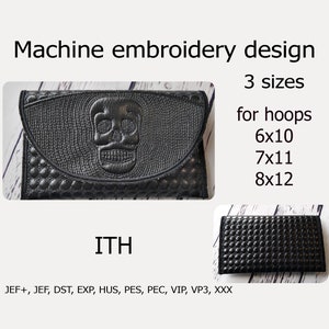 Portafoglio In the Hoop Skull ricamo design ITH borsa, custodia per telefono, pochette, borsetta. Progetto ITH per cerchio 6x10 7x11 8x12