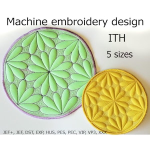 Mug rug In the hoop embroidery design ITH coasters quilting Flower Coffee mug Pot holders Machine Embroidery designs ITH project