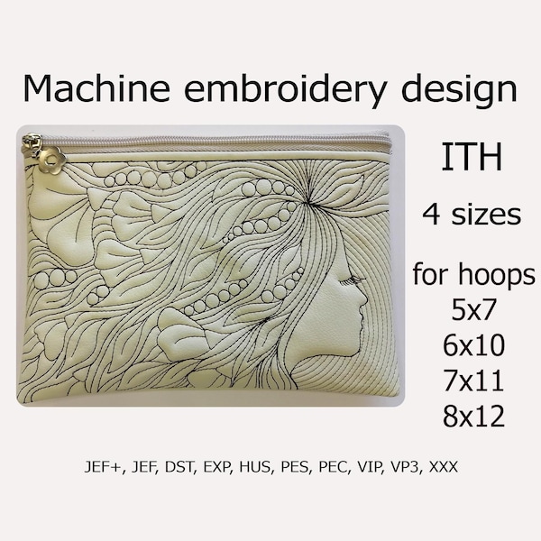 Diseño de bordado a máquina de bolso en el aro, niña y flores, proyecto ITH