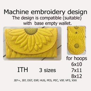 Portafoglio In the Hoop con ricamo a girasole, design ITH per borsetta, custodia per telefono, pochette, borsetta. Progetto ITH per telaio 6x10 7x11 8x12