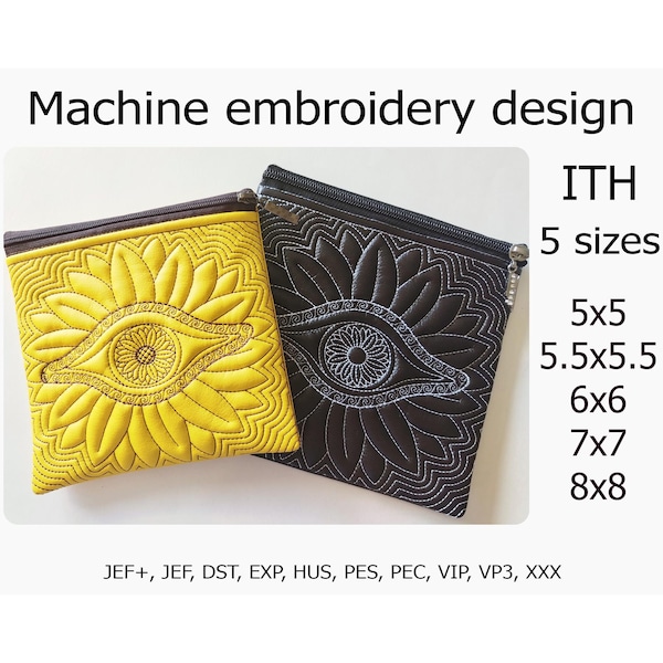 En el diseño de bordado a máquina de girasol con forma de ojo de bolsa de aro, proyecto ITH para aros de 5x7, 6x10, 8x11 y 8x12