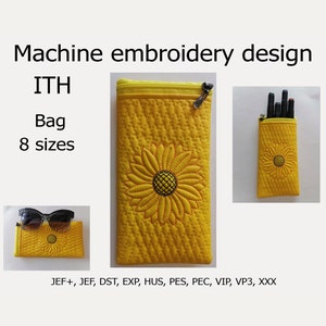 En el bolso de aro Girasol ITH Diseño de bordado de máquina Bolsa cosmética Flor ITH proyectos para aros 5x7 6x10 7x11 8x12