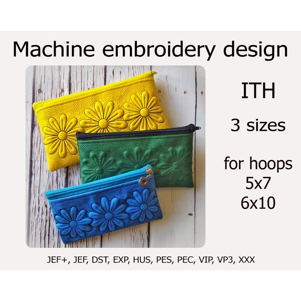 Bolsa con cremallera en el aro Diseño de bordado de flores Funda para teléfono ITH Proyectos ITH para bastidor 5x7 6x10