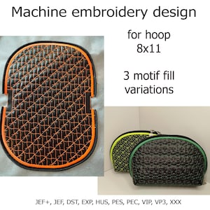 Könnte beinhalten: Maschinenstickdesign für einen Rahmen von 20,3 x 27,9 cm. Das Design zeigt ein schwarzes und orangefarbenes Steppmuster. Das Bild zeigt auch zwei kleine, halbkreisförmige Beutel mit Reißverschlüssen, einen schwarzen und einen grünen, mit einem Steppmuster.