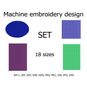 May include: A set of 18 machine embroidery designs in various colors, including blue, purple, and green. The designs are available in JEF+, JEF, DST, EXP, HUS, PES, PEC, VIP, VP3, and XXX formats.