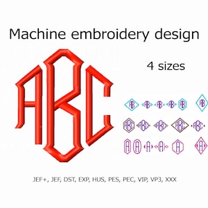 Op de afbeelding: Een rood machineborduurontwerp met de letters "ABC" in een zeshoekig frame. De afbeelding bevat de tekst "Machine embroidery design" en "4 sizes". Extra ontwerpvarianten worden getoond in blauw, paars en bruin.