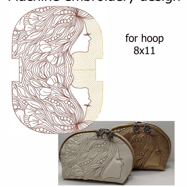 Diseño de bordado a máquina: patrón para bolso con forma de niña. Proyecto para bastidor de 8x11 pulgadas. La cremallera se coloca directamente en el bastidor.