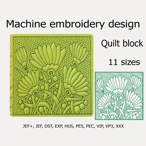 May include: Machine embroidery design of a quilt block with green stylised flowers on a green and white chevron background. The design is available in 11 sizes and in the following formats: JEF+, JEF, DST, EXP, HUS, PES, PEC, VIP, VP3, XXX.