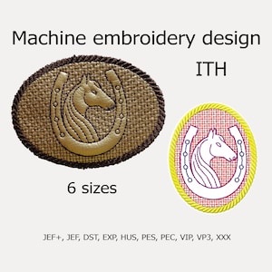 May include: Machine embroidery design of a brown horseshoe with a white horse head inside, in six sizes. The design is available in the following formats: JEF+, JEF, DST, EXP, HUS, PES, PEC, VIP, VP3, XXX.