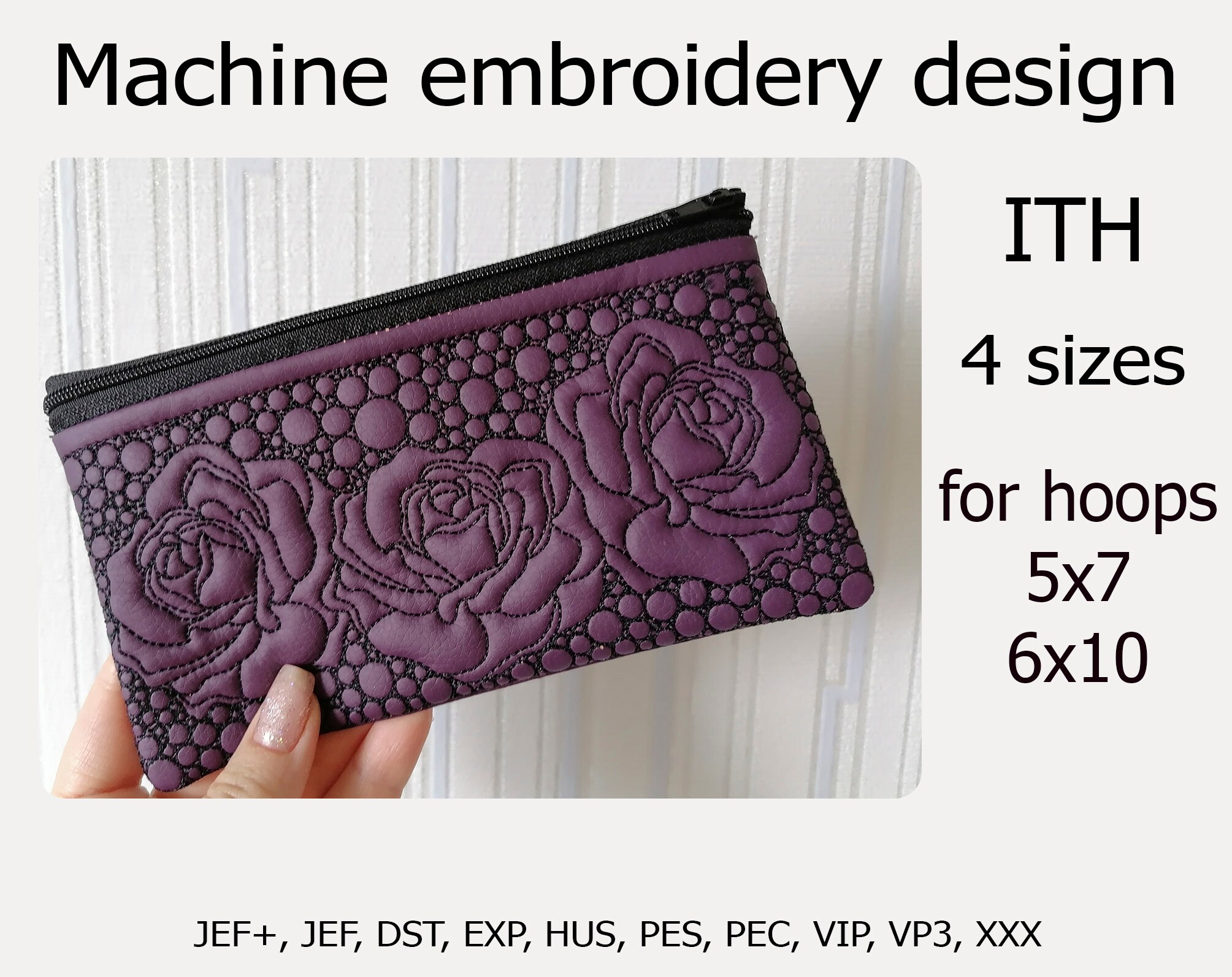 ITH Zipper Bag Rose Embroidery Design in the Hoop Phone Case