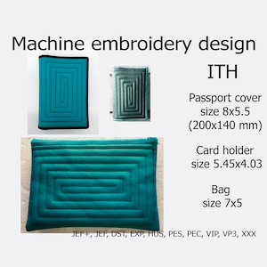 Könnte beinhalten: Maschinenstickdesign für einen Reisepass-Schutz, einen Kartenhalter und eine Tasche. Das Design zeigt einen türkisfarbenen Stoff mit schwarzem Umriss und einem geometrischen Muster. Das Design ist in den Formaten JEF+, JEF, DST, EXP, HUS, PES, PEC, VIP, VP3 und XXX verfügbar.