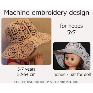 Diseño de bordado FSL Sombrero para niñas de 5 a 7 años y Sombrero para muñeca (34-36 cm) Archivos de bordado de encaje independientes para bastidor 5x7