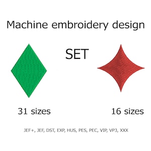 Pode incluir: Um conjunto de dois desenhos de bordado de máquina. O primeiro desenho é uma forma de diamante verde com 31 tamanhos. O segundo desenho é uma forma de estrela vermelha de quatro pontas com 16 tamanhos. Os desenhos estão disponíveis nos formatos JEF+, JEF, DST, EXP, HUS, PES, PEC, VIP, VP3 e XXX.