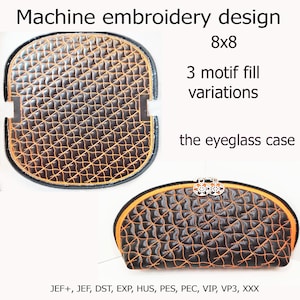 Könnte beinhalten: Maschinenstickdesign für ein Brillenetui. Das Design ist 20x20 cm groß und bietet 3 Motivfüllvarianten. Das Bild zeigt ein gestepptes Muster in Schwarz und Orange mit Reißverschluss.