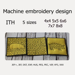 May include: Machine embroidery design for an in-the-hoop project featuring a pig with a floral pattern. The design is available in five sizes: 4x4, 5x5, 6x6, 7x7, and 8x8 inches. The design is compatible with the following embroidery file formats: JEF+, JEF, DST, EXP, HUS, PES, PEC, VIP, VP3, and XXX.