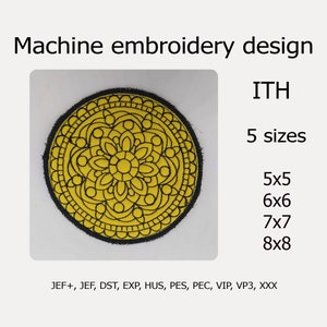 May include: Machine embroidery design for a yellow and black mandala with ITH (in the hoop) instructions.  The design is available in 5 sizes: 5x5, 6x6, 7x7, and 8x8 inches.  The file formats included are JEF+, JEF, DST, EXP, HUS, PES, PEC, VIP, VP3, and XXX.