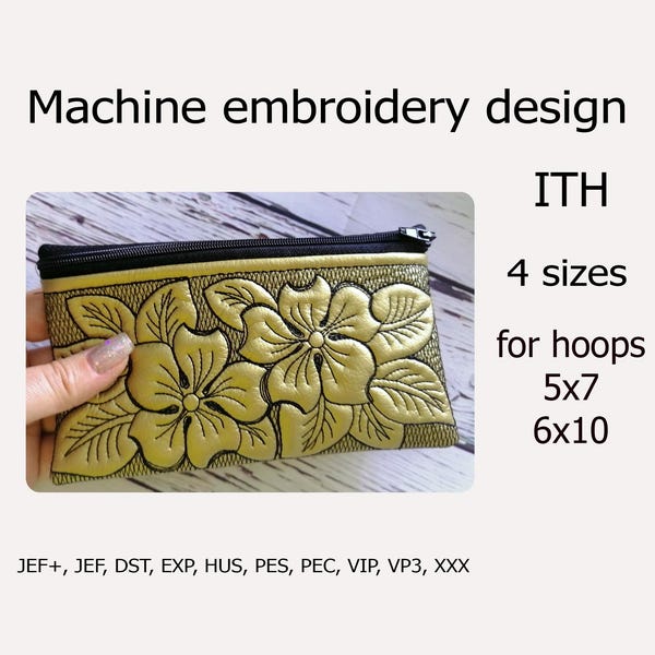 Bolsa con cremallera ITH Diseños de bordado de flores En el aro Funda para teléfono Proyectos ITH para aro 5x7 6x10
