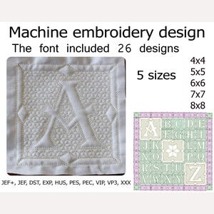 Bloque de edredón Diseño de bordado del alfabeto Trapunto Archivos de bordado a máquina Monograma 5 tamaños 4x4 5x5 6x6 7x7 8x8