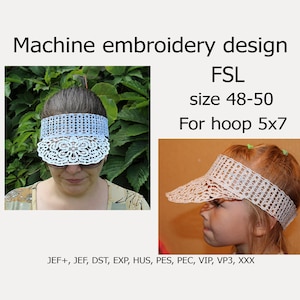 May include: White lace visor embroidery design for a 5x7 hoop. The design is available in JEF+, JEF, DST, EXP, HUS, PES, PEC, VIP, VP3, and XXX formats. The design is for a size 48-50.