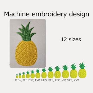 May include: Machine embroidery design of a yellow pineapple with green leaves. The design is available in 12 sizes and in the following formats: JEF+, JEF, DST, EXP, HUS, PES, PEC, VIP, VP3, XXX.