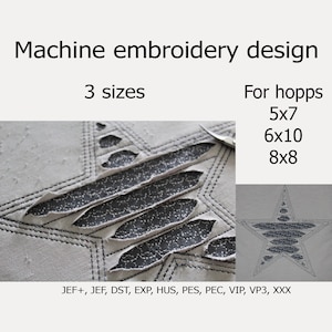 Könnte beinhalten: Maschinenstickdesign eines Sterns mit einem zerrissenen Stoffeffekt. Das Design ist in drei Größen erhältlich: 5x7, 6x10 und 8x8 Zoll. Das Design ist mit folgenden Stickformaten kompatibel: JEF+, JEF, DST, EXP, HUS, PES, PEC, VIP, VP3, XXX.