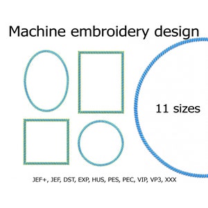 Può includere: Design di ricamo a macchina con quattro forme diverse: un cerchio, un quadrato, un rettangolo e un ovale. Le forme sono contornate da filo blu e giallo. Il testo "11 dimensioni" e "JEF+, JEF, DST, EXP, HUS, PES, PEC, VIP, VP3, XXX" è incluso anche nell'immagine.