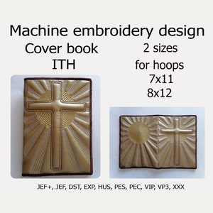 Könnte beinhalten: Maschinenstickdesign für einen Buchumschlag mit einem Kreuz- und Sonnenstrahlenmuster. Das Design ist in zwei Größen für 7x11 und 8x12 Hoops erhältlich. Dateiformate umfassen JEF+, JEF, DST, EXP, HUS, PES, PEC, VIP, VP3 und XXX.