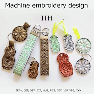 May include: A collection of machine embroidery designs, including keychains and ornaments. The designs feature various shapes and patterns, with colors like brown, green, and orange. The text "Machine embroidery design" and "ITH" are visible.