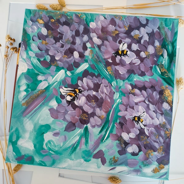 Acryl Malerei, Hummel in Blumen, Frühlingswiese Malerei Original Gemälde Leinwand lila Blumen, Original Acrylmalerei Blumen mit Hummel,