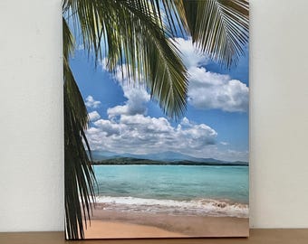 Tropical Beach Canvas Wall Art – Turquoise Ocean Print with Palm Tree Fronds, Coastal Wall Decor, Seaside Photography Home Decor, Beach Gift