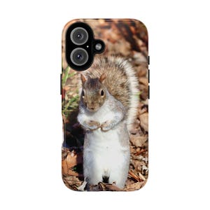 May include: A gray squirrel stands on its hind legs with its paws crossed in front of its chest. The squirrel is in a forest setting with brown leaves and twigs on the ground.