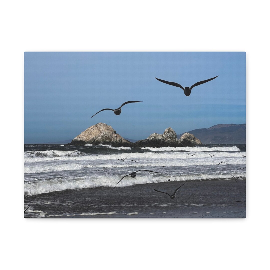 Flying Seagulls Canvas Wall Art | Beach Bird Photo Print | Moody ...
