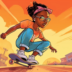 Kick Push Skater Mädchen Aufkleber | Afroamerikaner-Skateboard-Mädchen |    Aufkleber im Cartoon-Stil