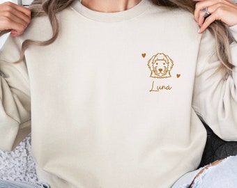 Sweatshirt brodé Goldendoodle personnalisé, chemise personnalisée avec nom de chien, chemise visage de chien, pull chien personnalisé, cadeau pour propriétaire de Doodle