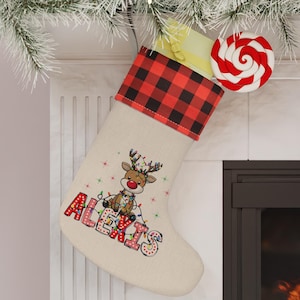 Personalized Christmas Stocking with Name, Custom Name Stocking, Buffalo Plaid Christmas Stocking, Reindeer Christmas Stocking