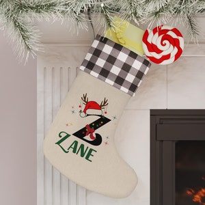 Personalized Christmas Stocking with Name, Custom Name Stocking, Buffalo Plaid Christmas Stocking, Reindeer Christmas Stocking