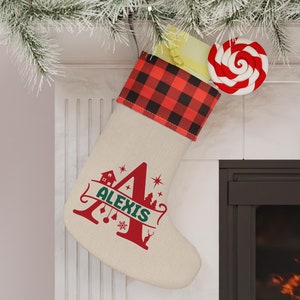 Personalized Christmas Stocking with Name, Custom Name Stocking, Buffalo Plaid Christmas Stocking, Reindeer Christmas Stocking