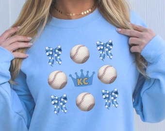 Kansas City Baseball Coquette T-shirt, Unique KC Baseball Sweatshirt, Kansas City Baseball Game Day Vibes Royal Blue Long Sleeve, KC Bow Tee