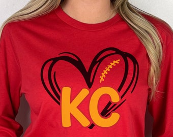 KC Football Shirt Women, Kansas City Football Fan Crewneck, KC Heart Football Long Sleeve Tee, KC Heart Hoodie, Football Shirt for Women