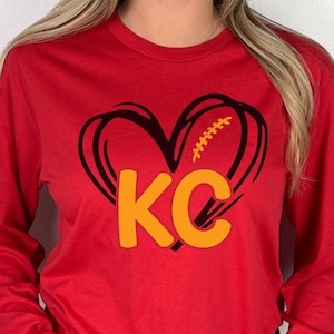 KC Football Shirt Women, Kansas City Football Fan Crewneck, KC Heart Football Long Sleeve Tee, KC Heart Hoodie, Football Shirt for Women