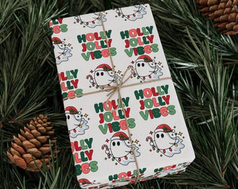Holly Jolly Ghost Christmas Wrapping Paper, Christmas Ghost Gift Wrap