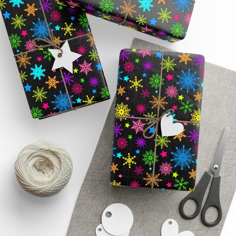 Neon Snowflake Black Christmas Wrapping Paper