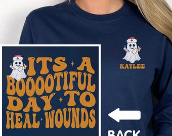 Camiseta de Halloween para el cuidado de heridas, sudadera de Halloween para enfermeras, camiseta de manga larga espeluznante para enfermeras, camiseta de cuello redondo para el cuidado de heridas