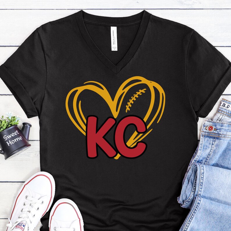 KC Tank Top Women, Kansas City Football Fan Vneck Tee, KC Heart Football T-shirt, KC Heart Tank Top, Kansas City Football Shirt for Women