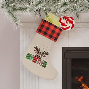 Personalized Christmas Stocking with Name, Custom Name Stocking, Buffalo Plaid Christmas Stocking, Reindeer Christmas Stocking